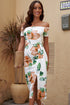 Print Off Shoulder Slit Bodycon Midi Dress